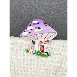 Vintage Purple Mushroom Brooch Red Lady Bug Enamel Gold Tone Signed